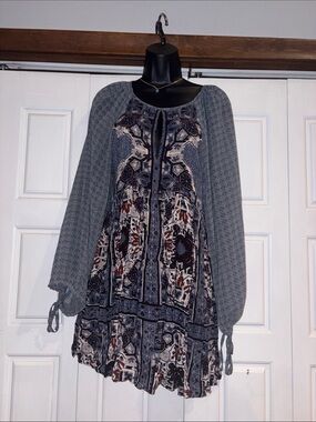 Free People Slate Gray & Multicolor Boho Long Sleeve Tiered Mini Dress